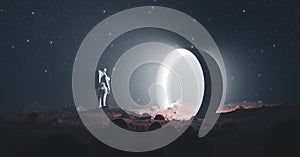 Astronaut on foreign planet in front of spacetime portal light