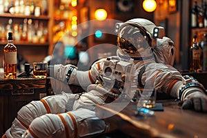 An astronaut in full gear is sitting in a bar with a glass of whiskey