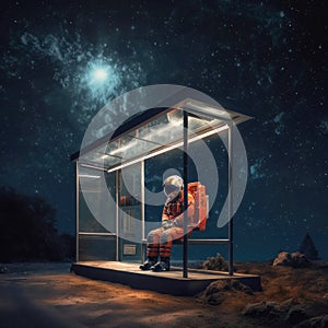 Astronaut in full space suit patiently waiting at a bus stop at night. Sci fi concept. Generative AI