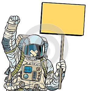 Astronaut with gag protesting. Isolate on white background