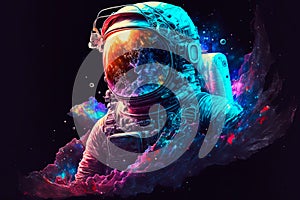 Astronaut in galaxy, helmet reflecting, bright stars and galaxies projected