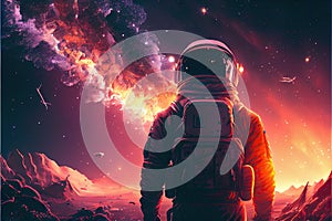 astronaut with galaxy in the sunset, cosmic background. Ai generative
