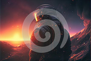 astronaut with galaxy in the sunset, cosmic background. Ai generative