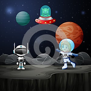 Astronaut girl and robot in the space