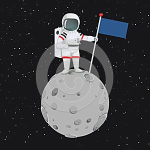 Astronaut giving thumbs up sign standing on the moon with a flag