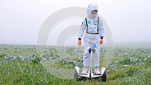 Astronaut on a gyroscooter to explore the planet.