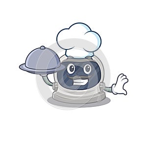 Astronaut helmet chef cartoon character serving food on tray