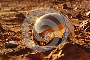 Astronaut helmet reflecting rocky terrain on a distant planet