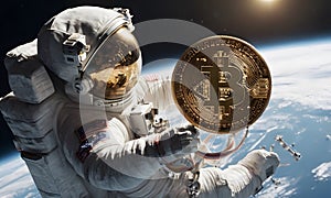 Astronaut Holding Bitcoin in Cosmic Expanse AI Generated
