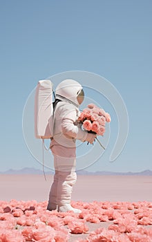 Astronaut holding a bouquet of flowers. Valentine\'s day romantic background.