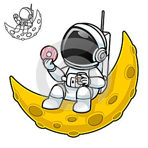 Astronaut Holding Coffee and Donuts on Crescent Moon with Black and White Line Art Drawing