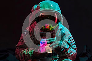 An astronaut holding a cubic artifact, Pop art concept, Generative AI