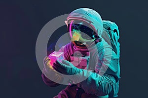 An astronaut holding a cubic artifact, Pop art concept, Generative AI