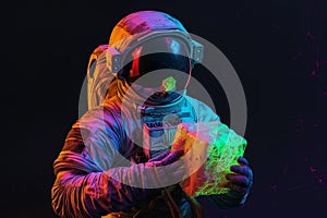 An astronaut holding a cubic artifact, Pop art concept, Generative AI