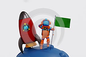 Astronaut holding green flag on the moon with rocket shuttle, space adventure discovery, 3D render