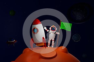 Astronaut holding green flag on the moon with rocket shuttle and UFO, space adventure discovery, 3D render