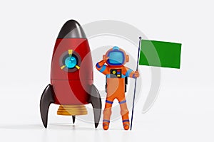 Astronaut holding green flag on white with rocket shuttle, space adventure discovery, 3D render