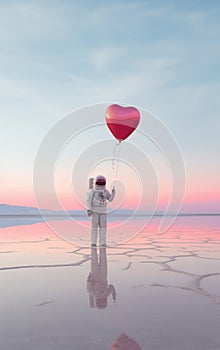 Astronaut holding a heart shaped balloon in the desert.