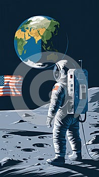 Astronaut Holding Helmet on Moon with Earth Visible in Background photo