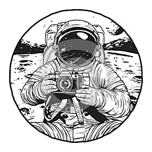 Astronaut holding a photo camera on alien planet, in style of black and white graphics. Vector illustration