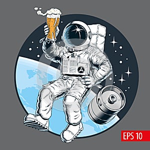 Astronaut holds a beer pint and beer keg in outer space. Vector illustration.