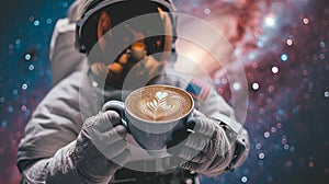 An astronaut holds a cup of coffee in outer space
