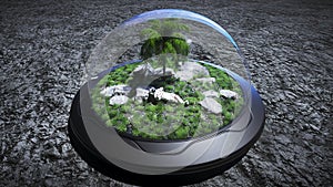 Astronaut idle on the moon oasis. 3d rendering.