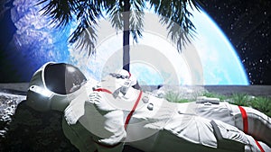 Astronaut idle on the moon oasis. 3d rendering.