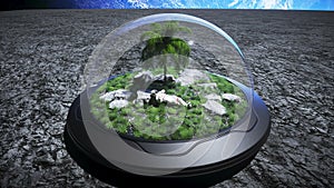 Astronaut idle on the moon oasis. 3d rendering.