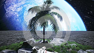 Astronaut idle on the moon oasis. 3d rendering.