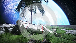 Astronaut idle on the moon oasis. 3d rendering.