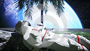 Astronaut idle on the moon oasis. 3d rendering.