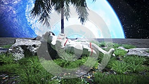 Astronaut idle on the moon oasis. 3d rendering.