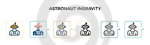 Astronaut ingravity vector icon in 6 different modern styles. Black, two colored astronaut ingravity icons designed in filled,