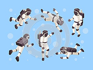 Astronaut isometric. Cosmo space futuristic human in special clothes vector astronaut in different poses