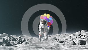 Astronaut Jumping on the Moon with Colorful Balloons, Beautiful Conceptual 3D Animation, 4K 3840x2160