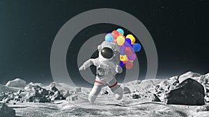 Astronaut Jumping on the Moon with Colorful Balloons and Funny Falls at the End, Beautiful Conceptual 3D Animation, 4K