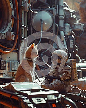 An astronaut kitten at an intergalactic refueling station photo