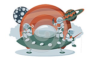 Astronaut landing on an alien space ship expedition cartoon flat dashboard image