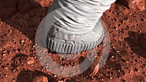 Astronaut Leaves the First Footprint on the Mars Surface, First Arrival on the Red Planet. Realistic 3D Animation, 4K