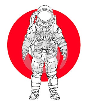 Astronaut Line Drawing Spaceman Hand Drawn Red Sun Graphic Retro Illustration Overlay Layer