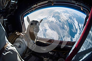 astronaut llama makes selfie in space station, earth view on background, Generative AI