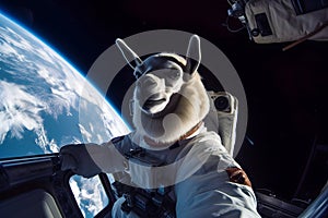 astronaut llama makes selfie in space station, earth view on background, Generative AI