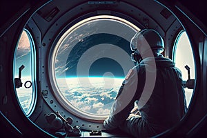 Astronaut looking out from the spaceship window in the space with galaxy background. Si-Fi astronaut digital art. This