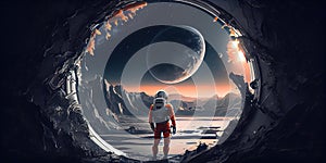 The astronaut looking at the portal is a symbol of exploration, wonder, and curiosity.