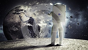 astronaut looks at the earth from the moon Elemen ts of this image furnished by NASA 3d render