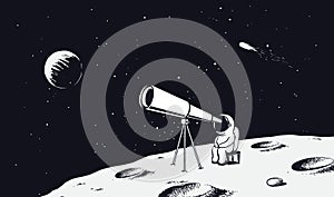 Astronaut looks through the telescope to universe