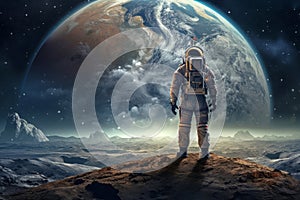 astronaut on lunar soil observes earth. generated with ai