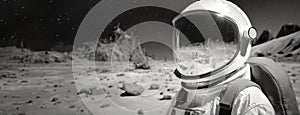 Astronaut on a Lunar Surface with Earth in the Distance. A monochrome portrayal of an astronaut on a moon-like landscape
