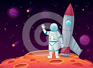 Astronaut in lunar surface. Rocket spaceship, space planet and outerspace travel spacecraft vector cartoon illustration